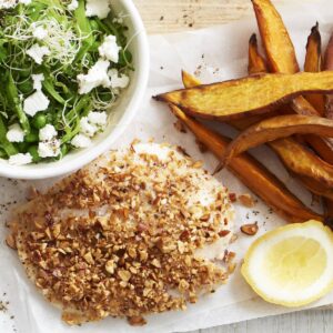 Baked almond-crusted fish and kumara chips