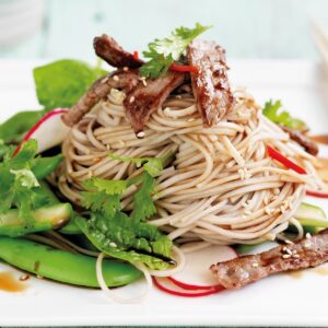 Seared beef with soba noodle salad