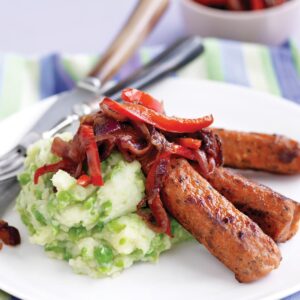 Vegetarian sausages with balsamic onions and pea mash
