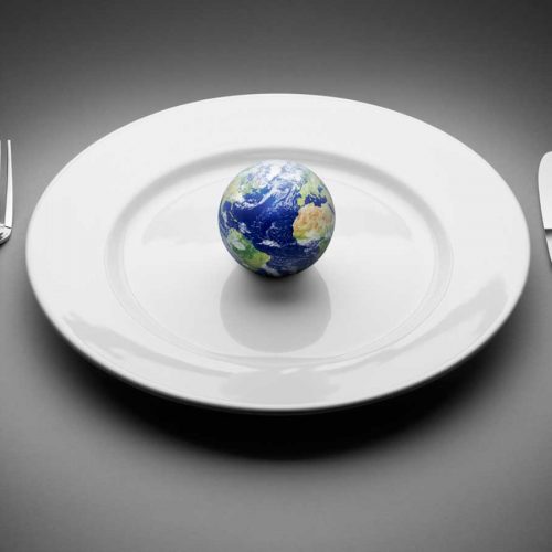 A small blue planet on a white plate with cutlery